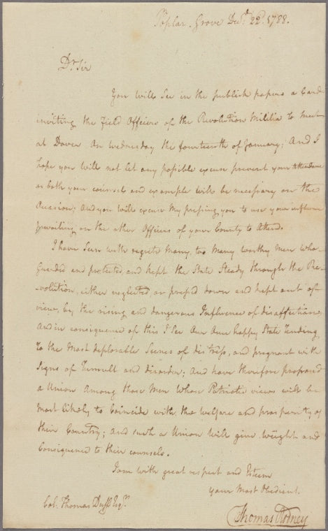 Letter to Colonel Thomas Duffs, Newport, New Castle Co