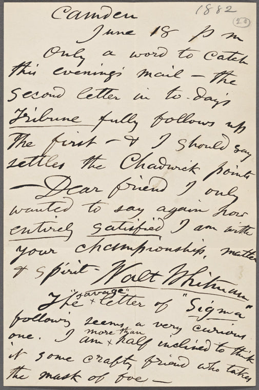 O'Connor, William D., ALS to. Jun. 18, [1882].