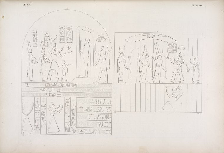 Silsilis] Ramses III, seguìto dalla moglie Isenofre e dalla figlia Baitiante, viene ad offerire l'emblema della Giustizia a Phtah e ad Atmu. - Il re Menphtah II, seguìto da un Atloforo, offre lo stesso emblema ad Amonrê, a Mandu e ad Athyr [Hathor].