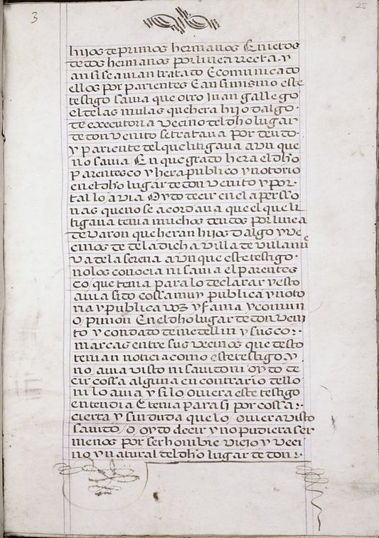 Page of text with pen flourishes in border and possible quire signature in upper left corner