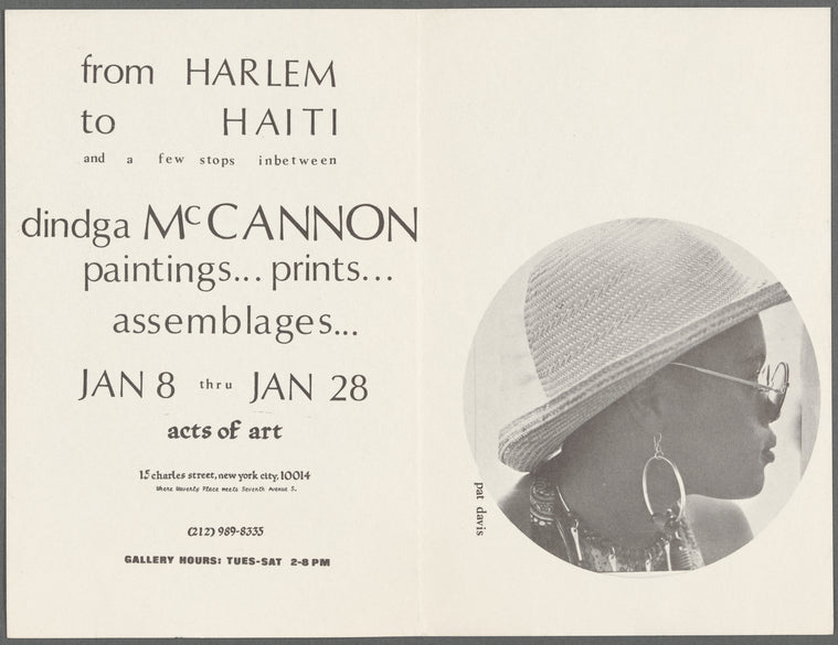 Leaflet announcing "From Harlem to Haiti and A Few Stops Inbetween" exhibition of works by Dindga McCannon at Acts of Art, Inc.