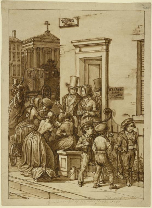 Corner house ; sign at door: "Mr. J. Easy's School for Young Ladies and Gentlemen." Over door, to left : "Wrong Place." People coming out of door, and doorstep : 3 boys at fence. To left: couple hailing stage passing church