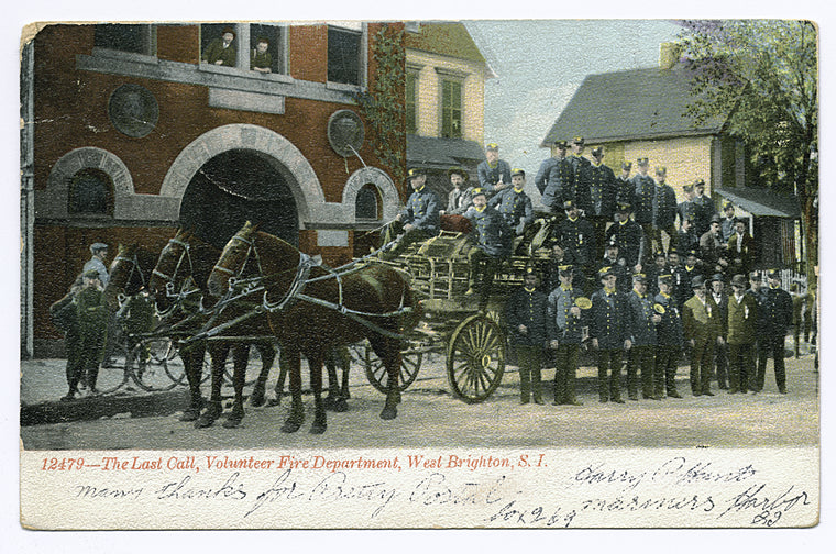 12479-The Last Call, Volunteer Fire Department, West Brighton, Staten Island [approx. 30 men in dress uniform standing by horse drawn wagon with wooden wheels, in front of firehouse]