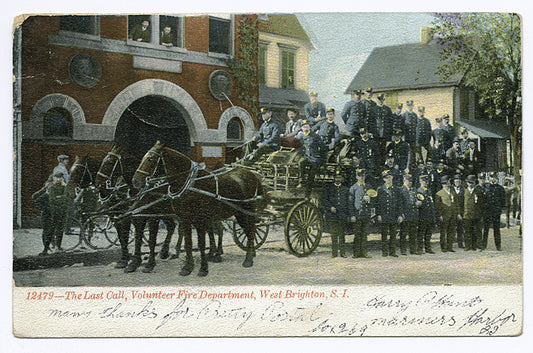 12479-The Last Call, Volunteer Fire Department, West Brighton, Staten Island [approx. 30 men in dress uniform standing by horse drawn wagon with wooden wheels, in front of firehouse]