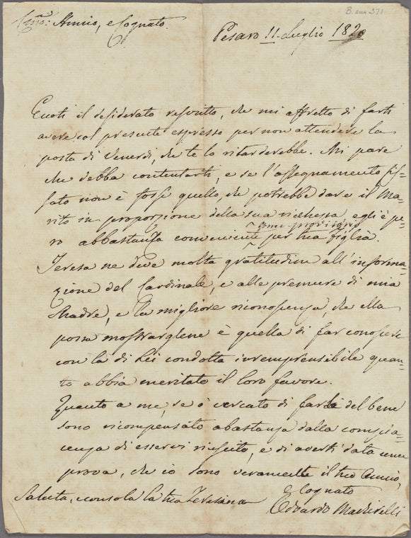 Autograph letter signed to Count Ruggiero Gamba, 11 July 1820