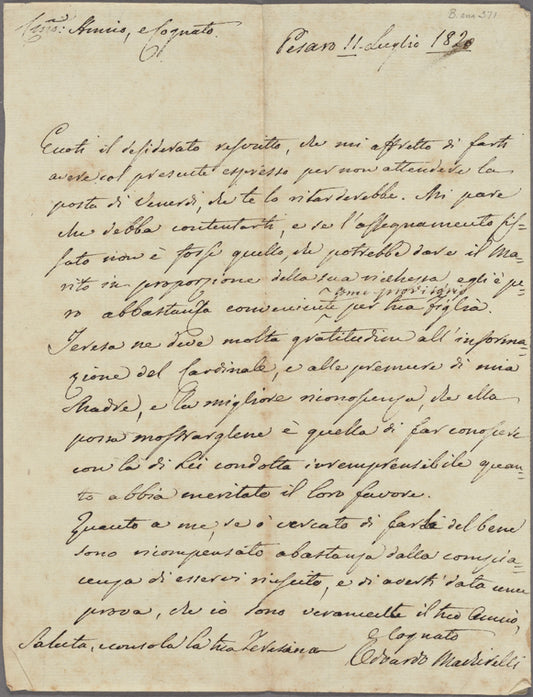 Autograph letter signed to Count Ruggiero Gamba, 11 July 1820