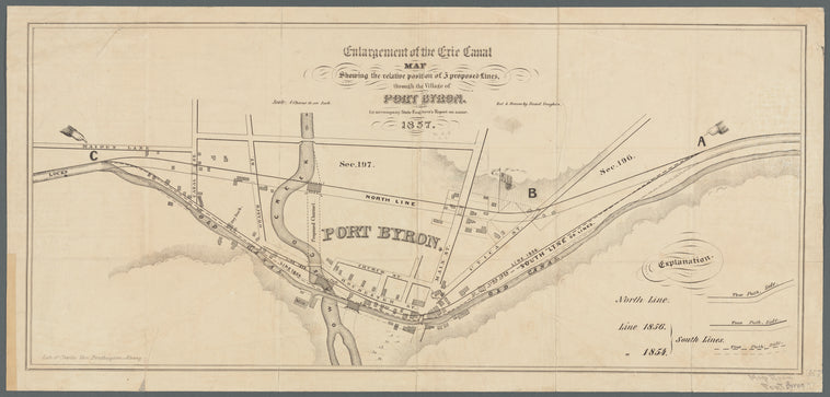 Enlargement of the Erie Canal: map showing the relative position of 3 proposed lines, through the village of Port Byron
