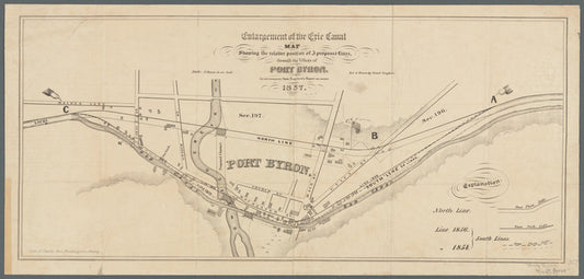 Enlargement of the Erie Canal: map showing the relative position of 3 proposed lines, through the village of Port Byron