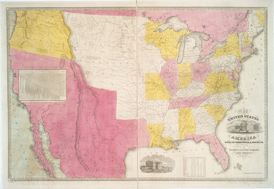 Map of the United States of America with its territories & districts : including also a part of upper & lower Canada and Mexico.