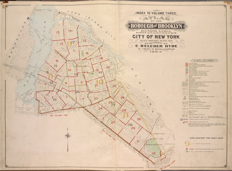 Index to Volume Three. Atlas of the Borough of Brooklyn. Sections 8, 9, 10 & 11. Wards 13, 14, 15, 16, 17, 18, 19, 27 & 28. City of New York. E. Belcher Hyde, 97 Liberty St., Brooklyn Borough. 1904.