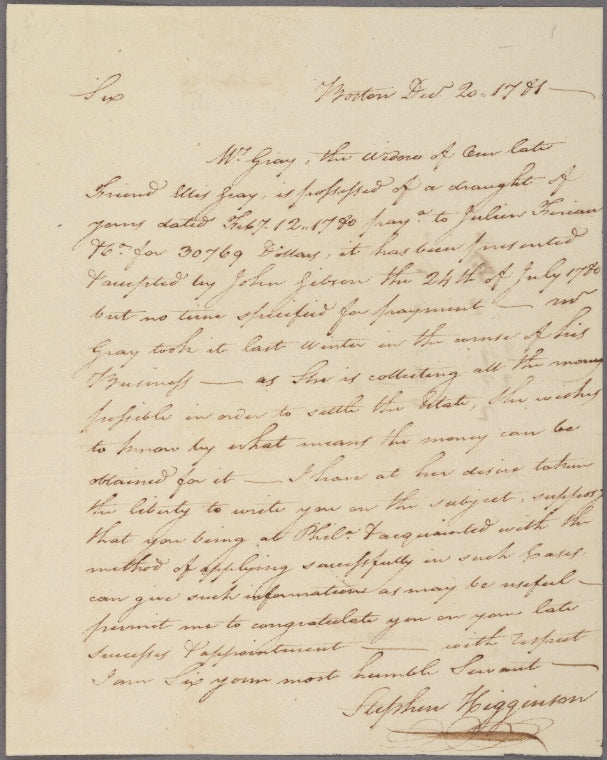 Letter to Major General Benjamin Lincoln, Philadelphia