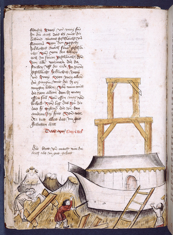 Text with rubric and placemarkers.  Drawing of the building of the Ark