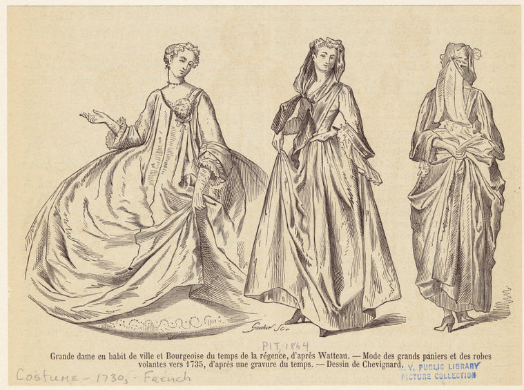 Grande dame en habit de ville et bourgeoise du temps de la régence, d'après Watteau -- mode des grands paniers et des robe volantes vers 1735, d'après une gravure du temps