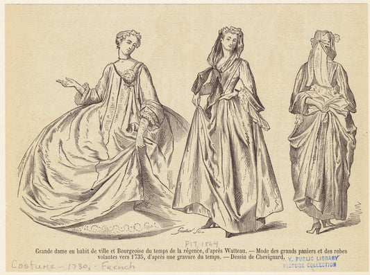 Grande dame en habit de ville et bourgeoise du temps de la régence, d'après Watteau -- mode des grands paniers et des robe volantes vers 1735, d'après une gravure du temps