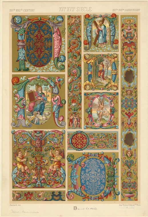 Renaissance designs with Christian imagery and floral patterns