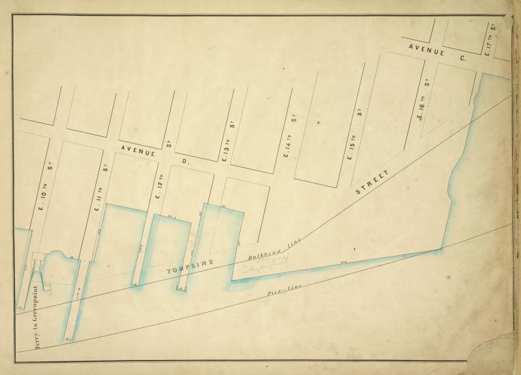 Map bounded by Avenue D, Avenue C, E. 17th St, Pier - Line, E. 10th St; Tompkins Street, Ferry to Greenpoint, E. 11th St, E. 12th St, E. 13th St, E. 14th St, E. 15th St, E. 16th St