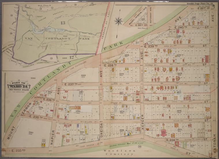 Double Page Plate No. 61, Part of Ward 24, Sections 12 & 13: [Map bounded by Mount Vernon Avenue, E. 241st Street, Katonah Avenue and E. 233rd Street ; Map of Van Cortland Park]