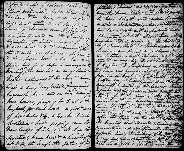 Moulton-Barrett, Mary (Graham-Clarke). Holograph journal. Narrative of journey taken with E. B. Browning, Edward Barrett Moulton-Barrett, and Matthew Wyatt. Includes pencil sketches, one portrait sketch laid in, & expense accounts [1815 Oct. 17]