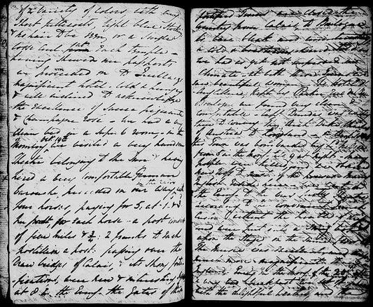 Moulton-Barrett, Mary (Graham-Clarke). Holograph journal. Narrative of journey taken with E. B. Browning, Edward Barrett Moulton-Barrett, and Matthew Wyatt. Includes pencil sketches, one portrait sketch laid in, & expense accounts [1815 Oct. 17]