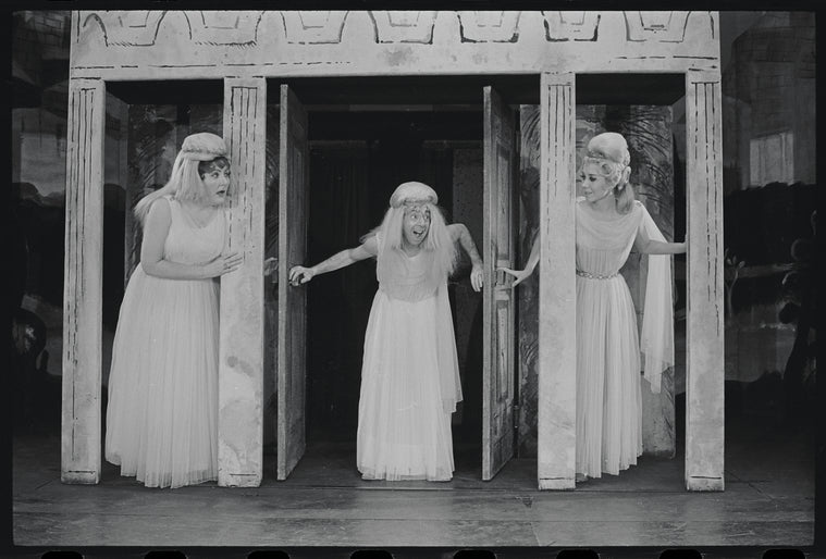 Justine Johnston, Arnold Stang and Donna McKechnie in the 1964 national touring stage production A Funny Thing Happened on the Way to the Forum