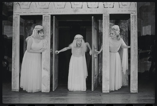 Justine Johnston, Arnold Stang and Donna McKechnie in the 1964 national touring stage production A Funny Thing Happened on the Way to the Forum