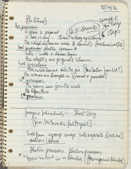 Merce Cunningham's handwritten notes for the dance Travelogue: 11/24/76, The Ritual