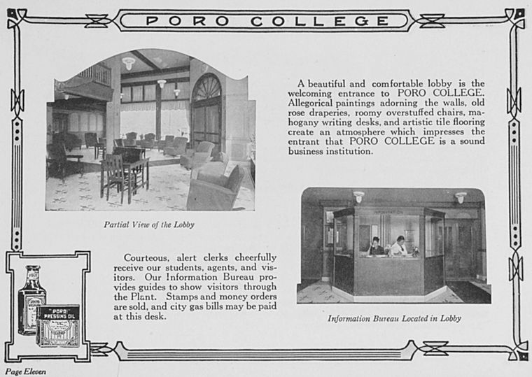 Poro College; Partial view of the lobby; Information Bureau located in lobby.