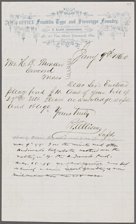 Allison, R., ALS to HDT. Jan. 9, 1860.