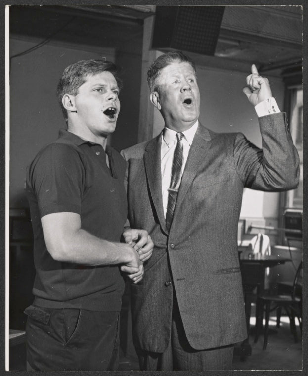 Robert Morse and Rudy Vallee in rehearsal for the stage production How to Succeed in Business Without Really Trying
