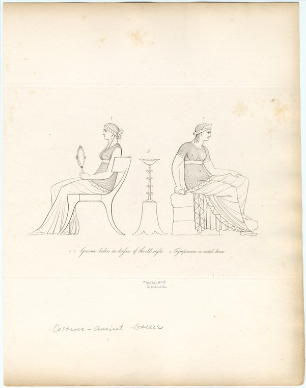 Grecian ladies in dresses of the old style ; Tympanum or metal drum