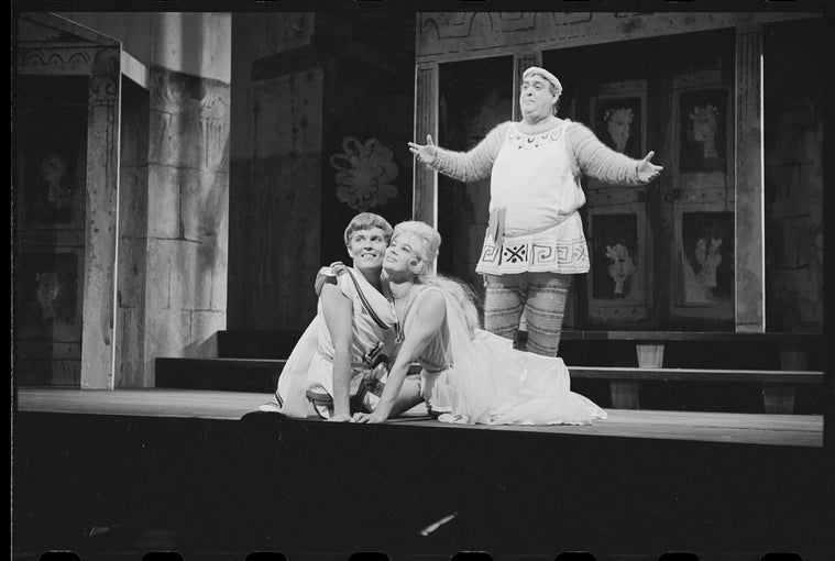 Patrick Fox, Karen Black, and Zero Mostel in the 1962 stage production A Funny Thing Happened on the Way to the Forum