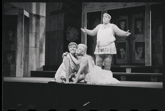 Patrick Fox, Karen Black, and Zero Mostel in the 1962 stage production A Funny Thing Happened on the Way to the Forum