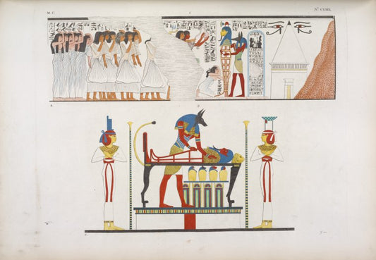 Accompagnamento di una mummia al sepolcro. - Il dio Anubi [Anubis] presta gli ultimi uffizi a un defunto.