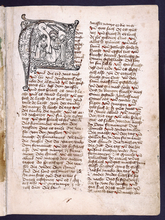 Opening of text with large engraved initial of the Annunciation.  Red slashes as placemarkers