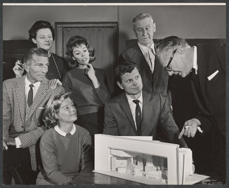 Michael Rennie, playwright Jean Kerr, Barbara Bel Geddes [seated], Betsy Von Furstenberg, Barry Nelson [seated], John Cromwell and Joseph Anthony in rehearsal for the stage production Mary, Mary