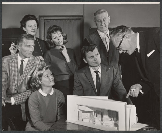 Michael Rennie, playwright Jean Kerr, Barbara Bel Geddes [seated], Betsy Von Furstenberg, Barry Nelson [seated], John Cromwell and Joseph Anthony in rehearsal for the stage production Mary, Mary
