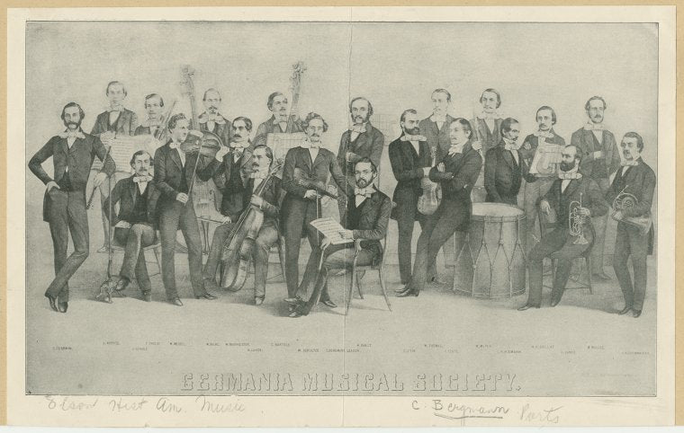 Group portrait of the Germania Musical Society [Carl Bergmann, Leader seated in front holding piece of music].