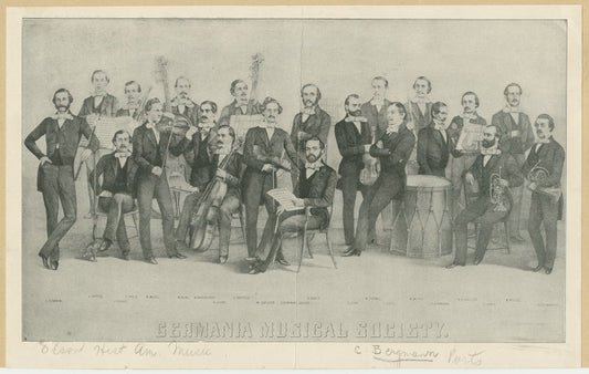 Group portrait of the Germania Musical Society [Carl Bergmann, Leader seated in front holding piece of music].
