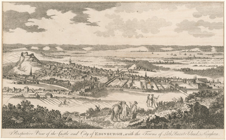Perspective view of the castle and city of Edinburgh, with the towns of Leith, Burnt-Island, and Kinghorn.