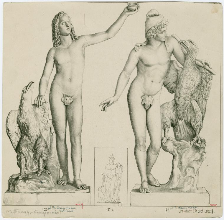 Statue of Ganymede and the eagle  ;  Statue of Ganymede, wearing the Phrygian cap, with the eagle and barking dog (inset) ; Statue of Ganymede, wearing the Phrygian cap,  embracing the eagle.