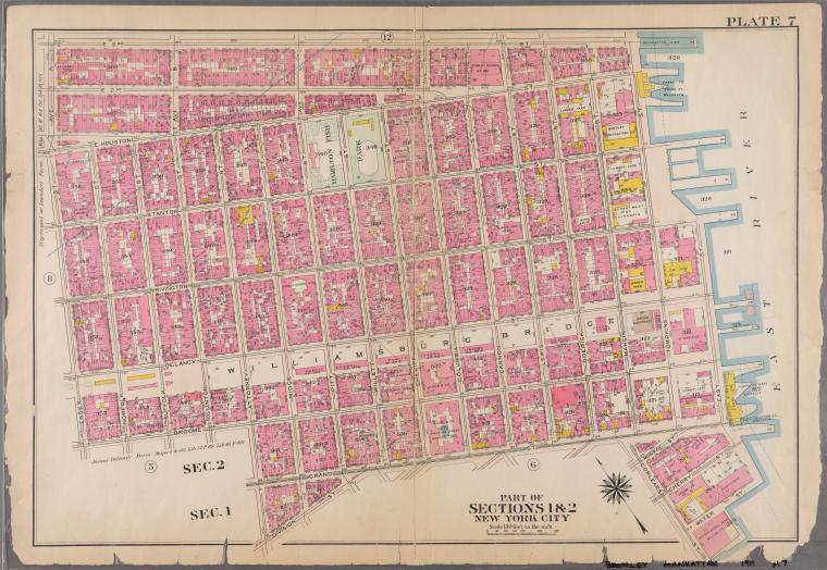 Plate 7: Bounded by E. 3rd Street, [East River, Piers 60-64] Tompkins Street, [East River, Piers 55-60] East Street, Water Street, Corlears Street, Grand Street, Attorney Street, Essex Street, and Avenue A.]