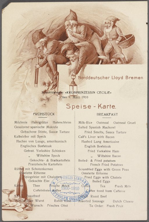 Breakfast held by Nordeutscher Lloyd aboard KronPrinzessin Cecile (German, English)