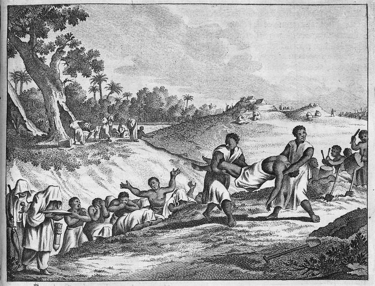 Men carrying corpse to burial site.