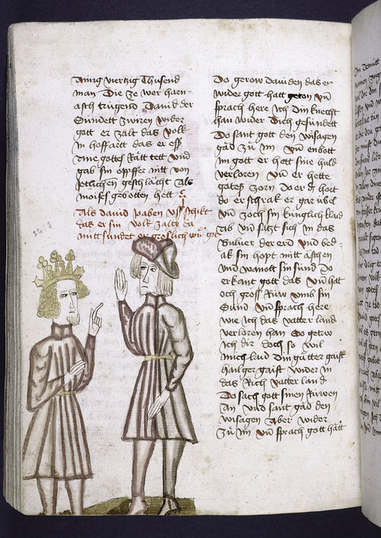 Text with rubric and placemarkers.  In one column, miniature of King David and another man
