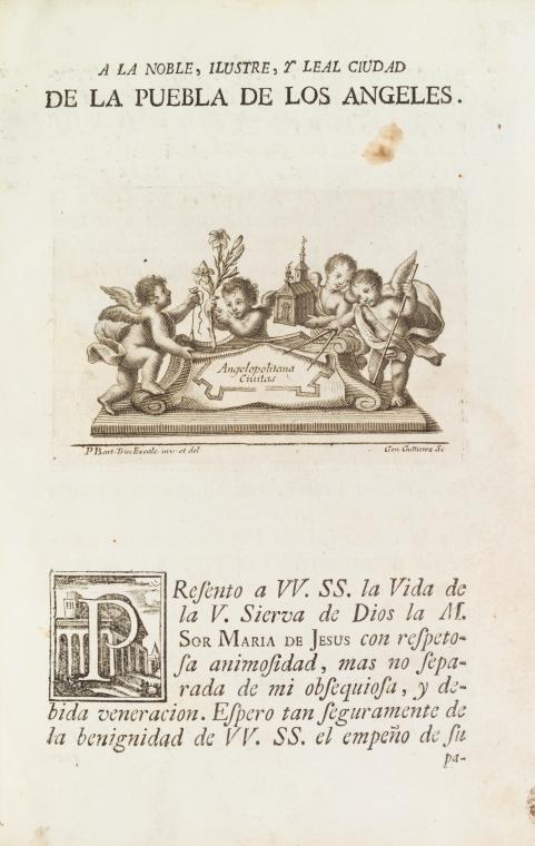 Engraving of four angel-architects