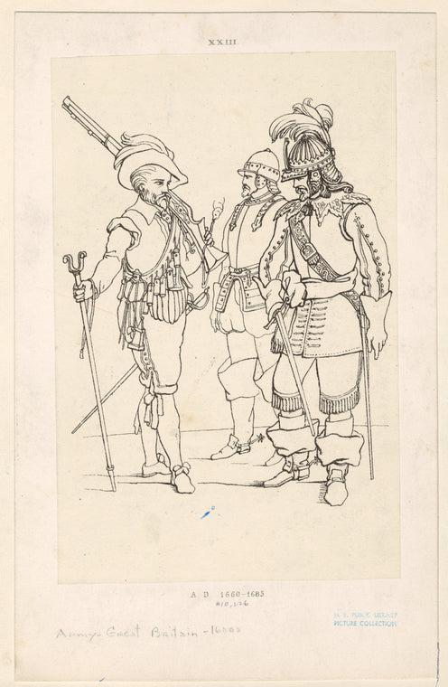 British soldiers armed with rifles and swords, A. D. 1660-1685