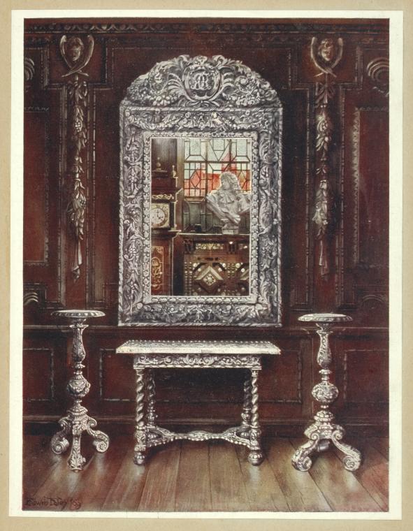 Mirror, gueridons, and table overlaid with silver plaques. Presented by the Citizens of London to Charles II. From the royal collection at Windsor castle. By permission of His Majesty.