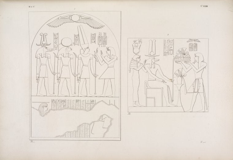 Sculture dello Speco medesimo]. 1. Offerta di Ramses IV ad Amon-re, a Phre [Ra]e a Sevek [Sobek]. 2. Il medesimo offre fiori e vivande a Sevek [Sobek] e ad Athyr [Hathor].