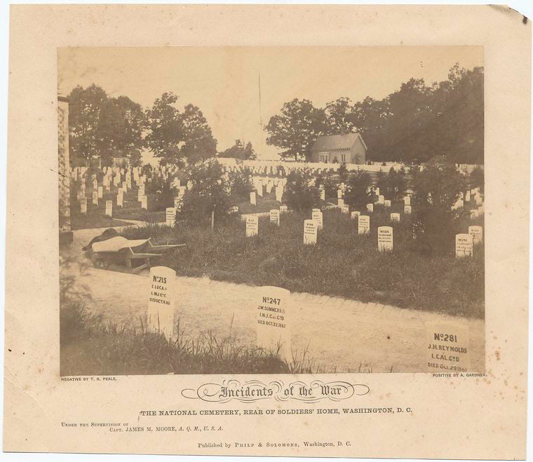 Incidents of the war : The national cemetery, rear of Soldiers’ Home, Washington, D.C. : Under the supervision of Capt. James M. Moore, A.Q.M., U.S.A. / Published by Philp  Solomons, Washington, D.C. ; Negative by T.R. Peale ; Positive by A. Gardner