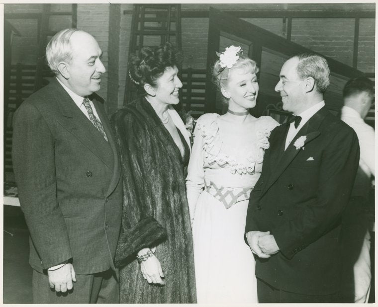 Lawrence Langner and Armina Marshall (both of the Theatre Guild), Celeste Holm (who returned to the production as Ado Annie for the anniversary performance) and Richard Rodgers (music) at the 2000th performance of Oklahoma!